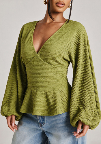 Women’s Spring Summer Deep V Neck Lantern Sleeve Slim Waist Ruffle Solid Color Loose Fit Top