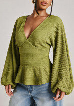 Women’s Spring Summer Deep V Neck Lantern Sleeve Slim Waist Ruffle Solid Color Loose Fit Top Women’s Spring Summer Deep V Neck Lantern Sleeve Slim Waist Ruffle Solid Color Loose Fit Top