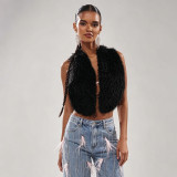 Women’s Fall Winter Halter Neck Lace-Up Low Back Solid Color Faux Fur Patchwork Cropped Top