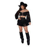 Women’s Off Shoulder Sexy Crop Lace-Up Top and High Waist Ruffle Mini Skirt Two-Piece Set