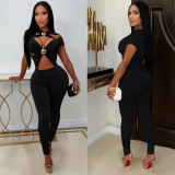 Women’s Sexy Cutout Short Sleeve Slim Fit Bodycon Tight Fitting Jumpsuit