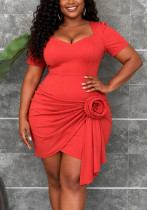 African Plus Size Women’s Heart Neck Short Sleeve Rose Ruched Bodycon Party Mini Dress