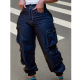 Plus Size Women’s Multi-Pocket Cargo Denim Elastic Back Waist Jogger Washed Cargo Pants