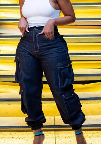 Plus Size Women’s Multi-Pocket Cargo Denim Elastic Back Waist Jogger Washed Cargo Pants