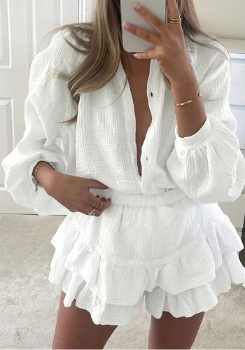 Women’s Ruffle Elastic Waist Skirt and White Textured Stand Collar Long Sleeve Shirt Two-Piece Set