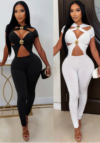 Women’s Sexy Cutout Short Sleeve Slim Fit Bodycon Tight Fitting Jumpsuit