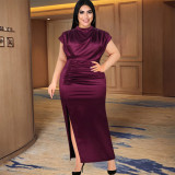 Plus Size Women’s Round Neck Sleeveless Slim Fit High Waist Ruched Split Elegant Formal Party Dress