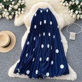 Women’s Classic Fashion Pleated Polka Dot High Waist A-Line Maxi Skirt