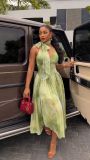 Women’s Summer Holidays Green Tie-Dye V Neck Strap Slim Waist A-Line Long Dress