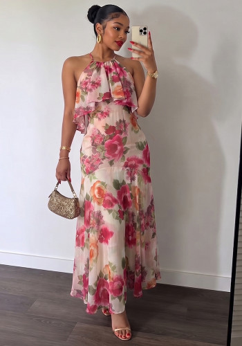 Women’s Fall Holidays Halter Neck Floral Print Sleeveless High Waist A-Line Slim Fit Chic Long Dress