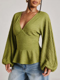 Women’s Spring Summer Deep V Neck Lantern Sleeve Slim Waist Ruffle Solid Color Loose Fit Top