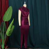 Plus Size Women’s Round Neck Sleeveless Slim Fit High Waist Ruched Split Elegant Formal Party Dress