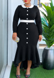 Plus Size Women’s Fashion Peter Pan Collar Faux Button High Waist Slim Fit Bodycon Mermaid Long Sleeve Dress