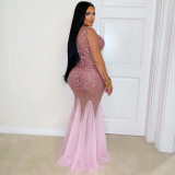 Women’s Pink See-Through Mesh Rhinestone Sleeveless Slim Fit Formal Party Dress