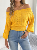 Women’s Fall Winter Off Shoulder Cutout Lantern Sleeve Cropped Slim Waist Sweater