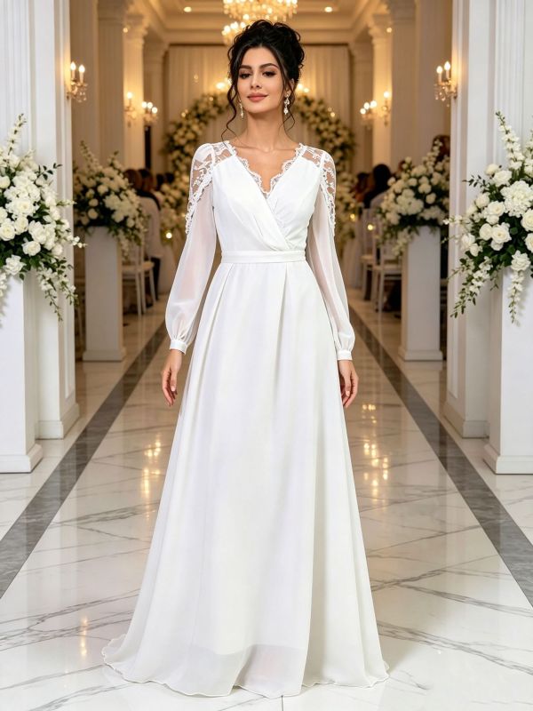 Lace Patchwork Long Slim Waist Elegant Evening Dress Chiffon Wedding Gown