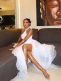 African Women’s Halter Neck Sleeveless Slim Waist Long Irregular Split Chic Elegant Formal Party Evening Gown