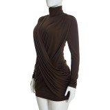 Women’s Fall Winter Solid Color High Neck Cross Ruched Long Sleeve Slim Fit Bodycon Dress