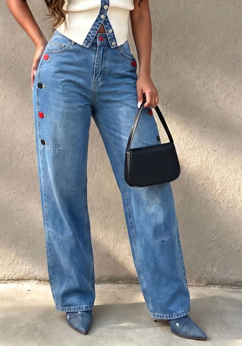Women’s Fall Casual Button Detail Denim High Waist Loose Wide Leg Pants