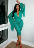 Women’s Fall Solid Color Mesh Sexy Deep V Neck Ruched Irregular Long Sleeve Pants Set