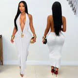 Women’s Halter Neck Deep V Neck Sexy Split Ruched Low Back Chic Dress