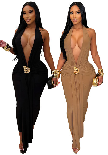 Women’s Halter Neck Deep V Neck Sexy Split Ruched Low Back Chic Dress