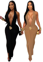 Women’s Halter Neck Deep V Neck Sexy Split Ruched Low Back Chic Dress Women’s Halter Neck Deep V Neck Sexy Split Ruched Low Back Chic Dress