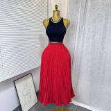 Women’s Classic Fashion Pleated Polka Dot High Waist A-Line Maxi Skirt