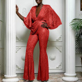 Women Sequin Sexy Deep V Backless Jumpsuit