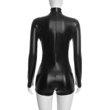 Women’s Fall Solid Color PU Leather Stand Collar Long Sleeve Zip-Up Sexy Romper