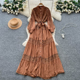 Women’s Lace Patchwork Lace-Up Slim Waist Single-Breasted Chic Long Dress
