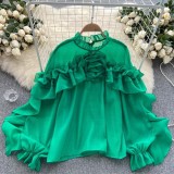 Women’s Irregular Ruffle Mesh Pullover Ruched Long Sleeve Chic Top