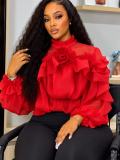 Women’s Irregular Ruffle Mesh Pullover Ruched Long Sleeve Chic Top