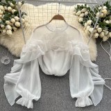 Women’s Irregular Ruffle Mesh Pullover Ruched Long Sleeve Chic Top