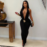 Women’s Halter Neck Deep V Neck Sexy Split Ruched Low Back Chic Dress