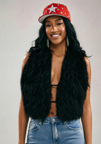 Women’s Fall Winter Halter Neck Lace-Up Low Back Solid Color Faux Fur Patchwork Cropped Top