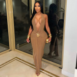 Women’s Halter Neck Deep V Neck Sexy Split Ruched Low Back Chic Dress