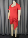 African Plus Size Women’s Heart Neck Short Sleeve Rose Ruched Bodycon Party Mini Dress