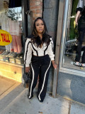 Women’s Casual Striped Zip-Up Jacket Wide Leg Pants Long Sleeve Two-Piece Set