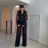 Women’s Spring Summer Fashion Lace Patchwork Cutout Low Back Blazer and Pants Two-Piece Set