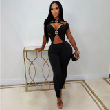 Women’s Sexy Cutout Short Sleeve Slim Fit Bodycon Tight Fitting Jumpsuit