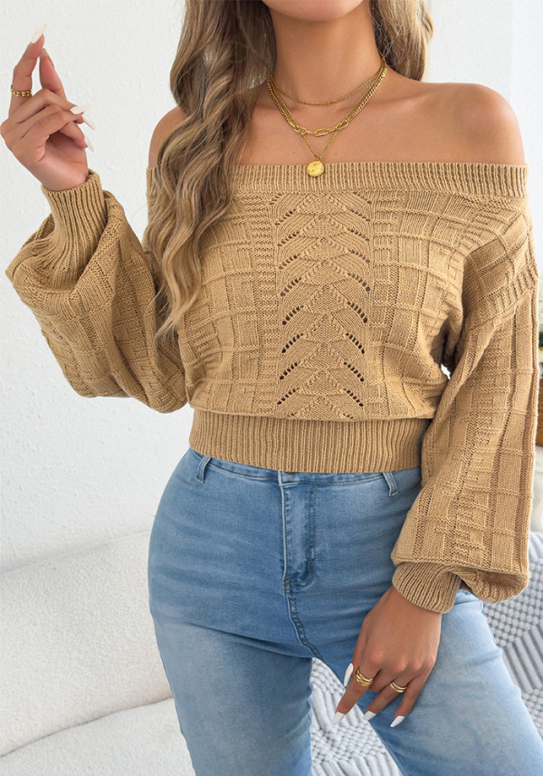 Women’s Fall Winter Off Shoulder Cutout Lantern Sleeve Cropped Slim Waist Sweater