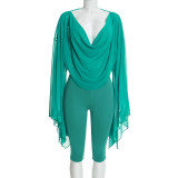 Women’s Fall Solid Color Mesh Sexy Deep V Neck Ruched Irregular Long Sleeve Pants Set