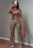 Women’s Leopard Print Color Block Striped Slim Fit Top Wide Leg Pants Casual Sports Three-Piece Set