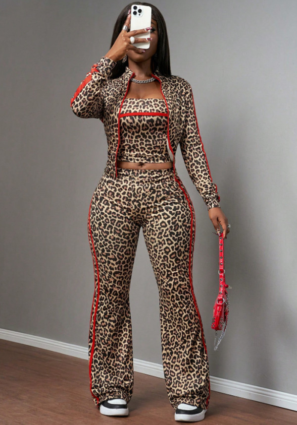 Women’s Leopard Print Color Block Striped Slim Fit Top Wide Leg Pants Casual Sports Three-Piece Set