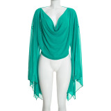 Women’s Fall Solid Color Mesh Sexy Deep V Neck Ruched Irregular Long Sleeve Pants Set