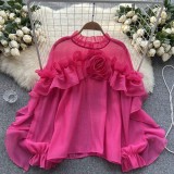 Women’s Irregular Ruffle Mesh Pullover Ruched Long Sleeve Chic Top