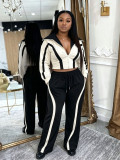 Women’s Casual Striped Zip-Up Jacket Wide Leg Pants Long Sleeve Two-Piece Set
