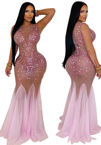 Women’s Pink See-Through Mesh Rhinestone Sleeveless Slim Fit Formal Party Dress
