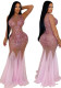 Women’s Pink See-Through Mesh Rhinestone Sleeveless Slim Fit Formal Party Dress
